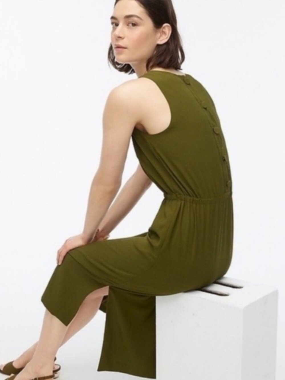 J. Crew Olive Green Button-Back Sleeveless Midi Dress - 12